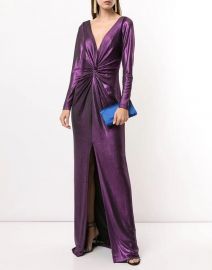 Marchesa Notte Long Sleeve Metallic Gown at Verishop